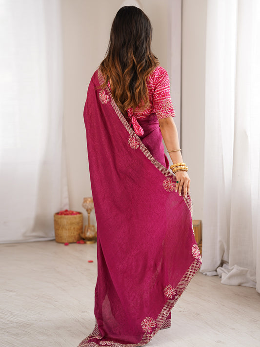 Magenta Dola Silk Saree with Embroidered Floral Border