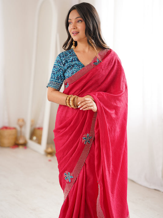 Rani Pink Dola Silk Saree with Embroidered Floral Border