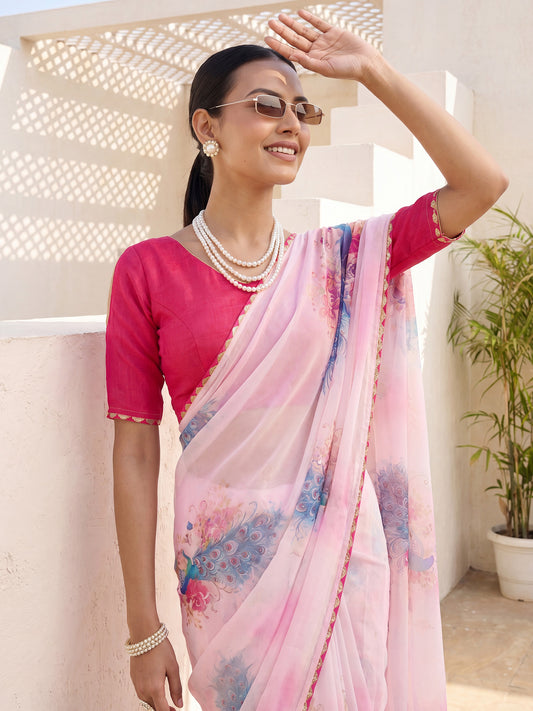 Light Pink Floral Printed Georgette Saree