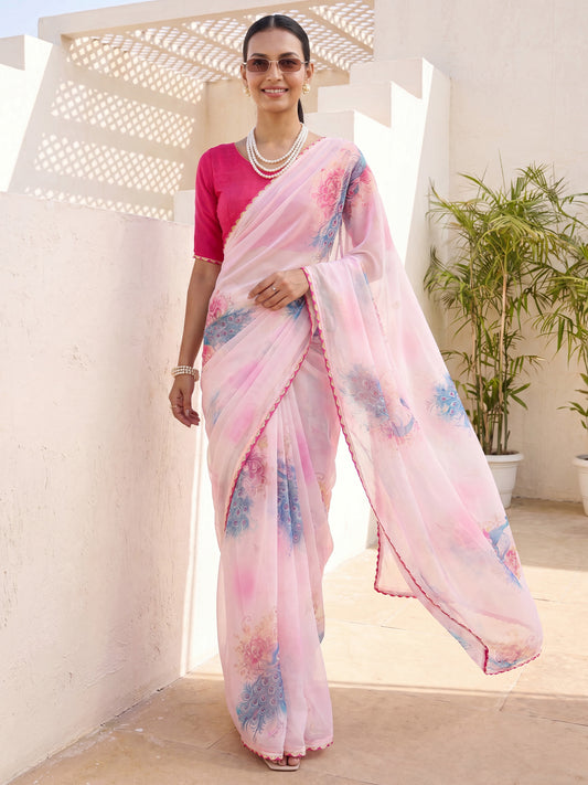 Light Pink Floral Printed Georgette Saree