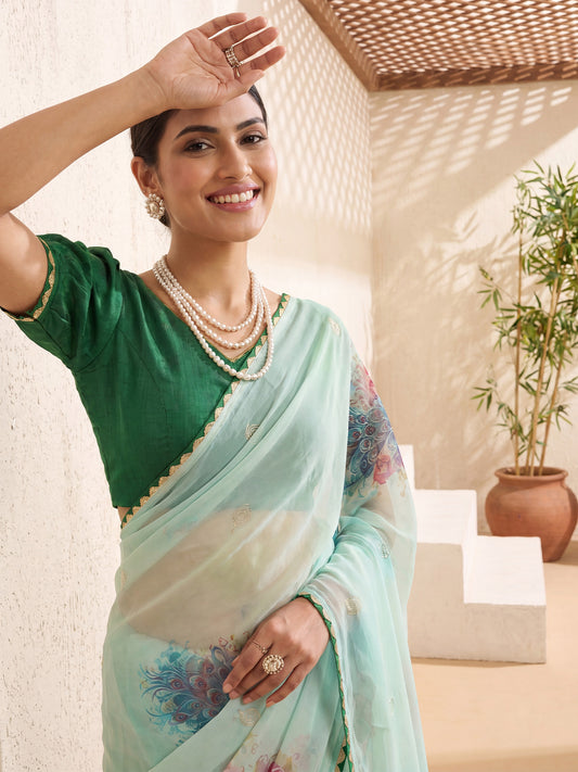 Sea Green Floral Digital Printed Georgette Saree