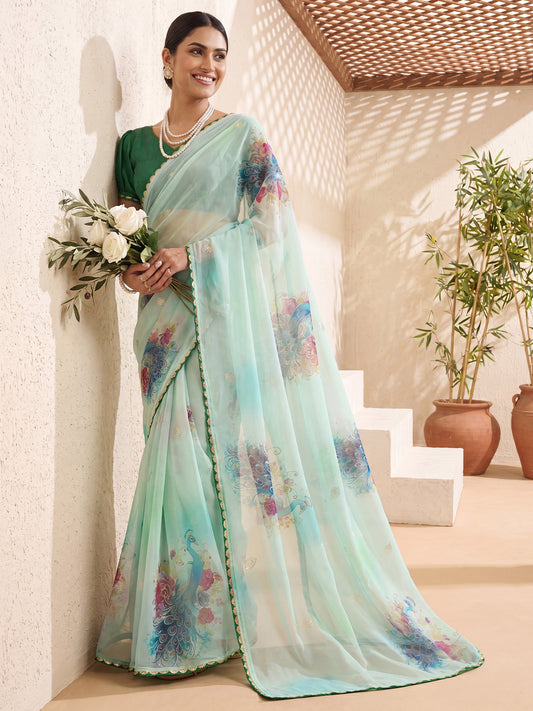Sea Green Floral Digital Printed Georgette Saree