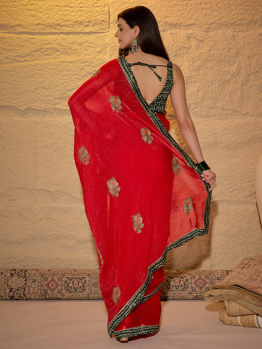 Silk Blend Gold Zari Floral Buti Saree