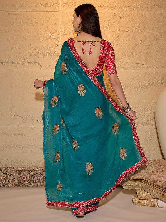 Sea Green & Red Banarasi Saree