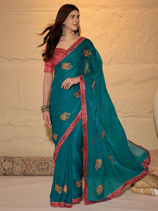 Sea Green & Red Banarasi Saree