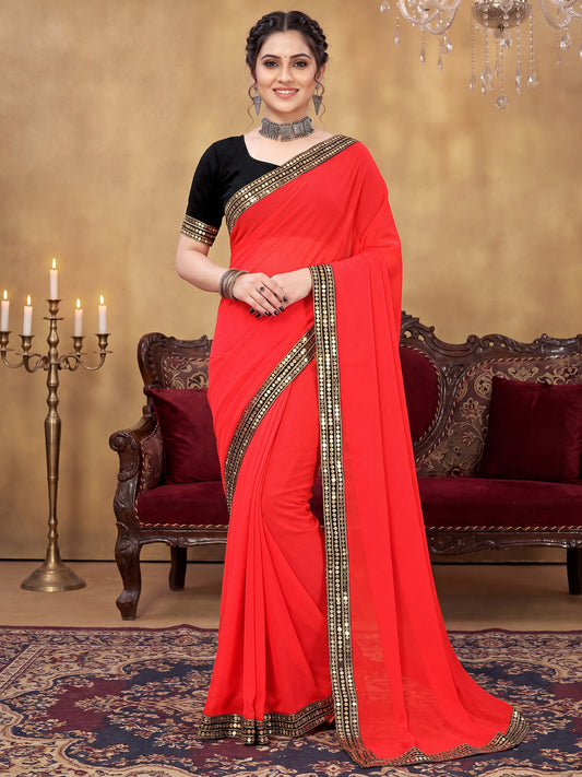 Bright Red Lace Border Georgette Party Wear Saree