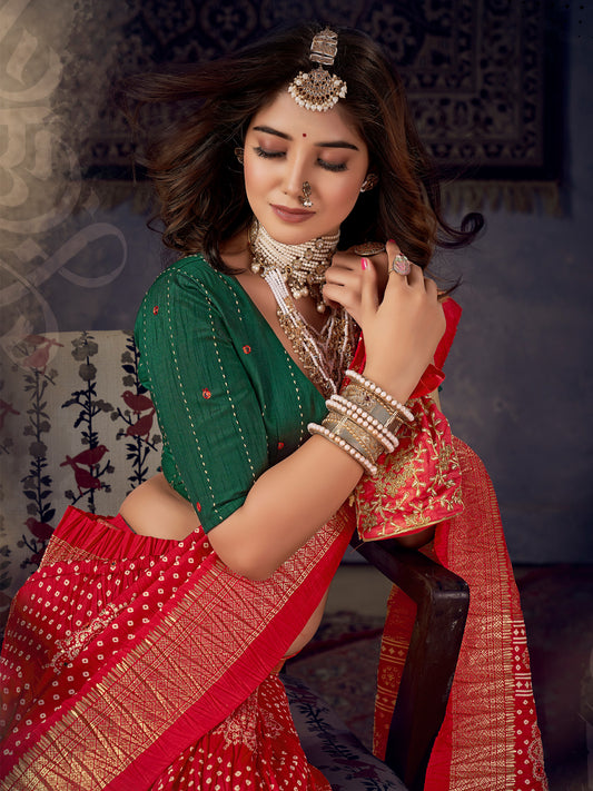 Red Tussar Silk Bandhani and Zari Printed Saree