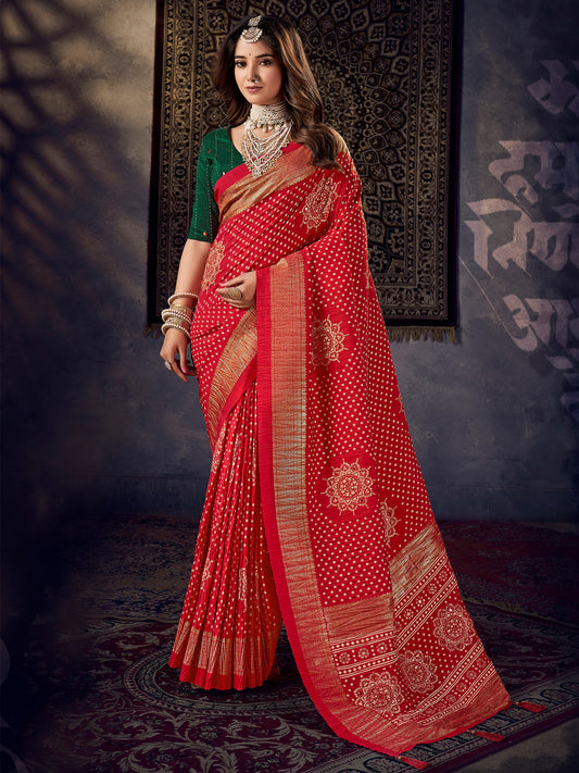 Red Tussar Silk Bandhani and Zari Printed Saree