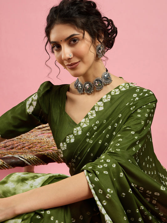 Crepe Green Bandhani Printed Saree