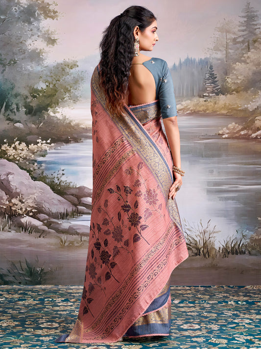Peach Tissue Silk Saree with Floral Motifs