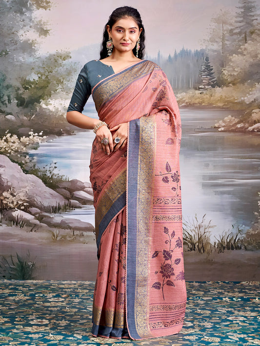 Peach Tissue Silk Saree with Floral Motifs