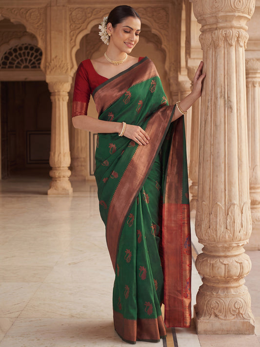 Bottle Green Banarasi Silk Heritage Zari Weave Saree