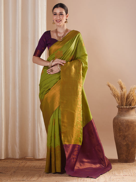 Olive Green Kanjivaram Pure Silk Saree