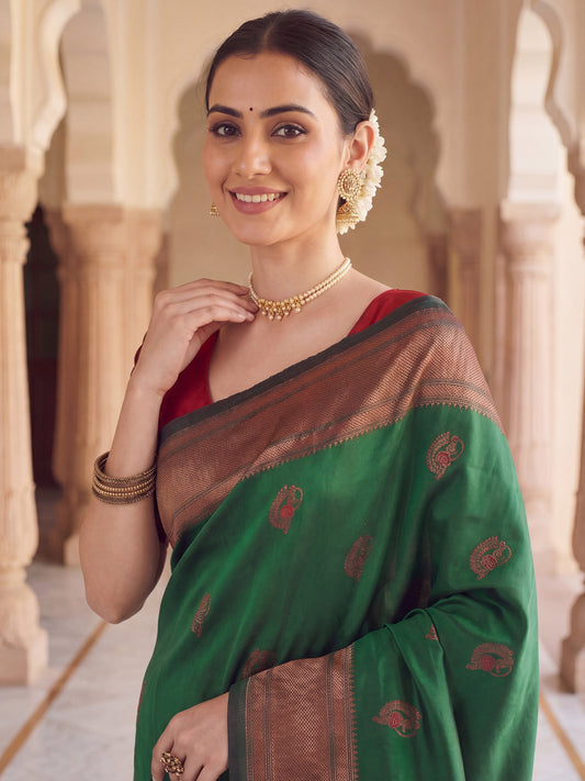 Bottle Green Banarasi Silk Heritage Zari Weave Saree