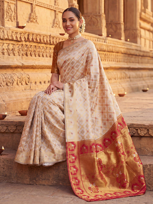 Off-White Banarasi Silk Heritage Zari Weave Saree
