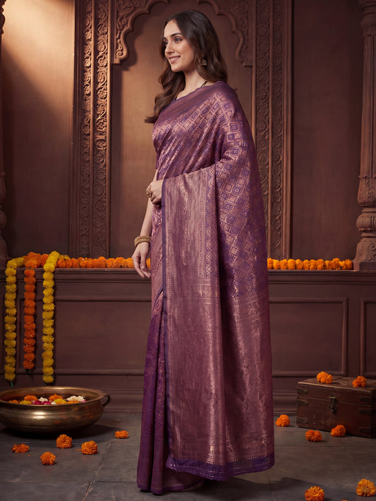Magenta Purple Banarasi Silk Copper Zari Weaving  Saree