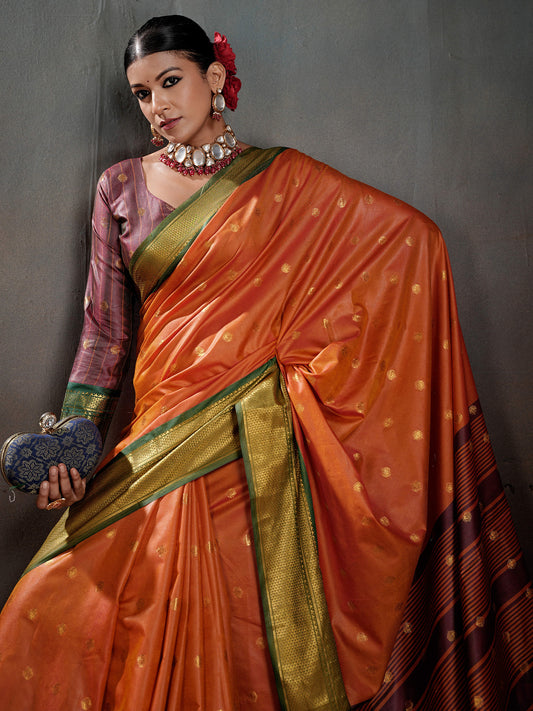 Orange Traditional Silk Zari Woven Butta Silk Blend
