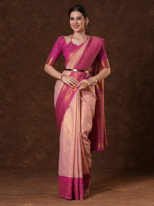 Blush Pink Kanjivaram Silk Saree with Magenta Gold Zari Border & Temple Motifs