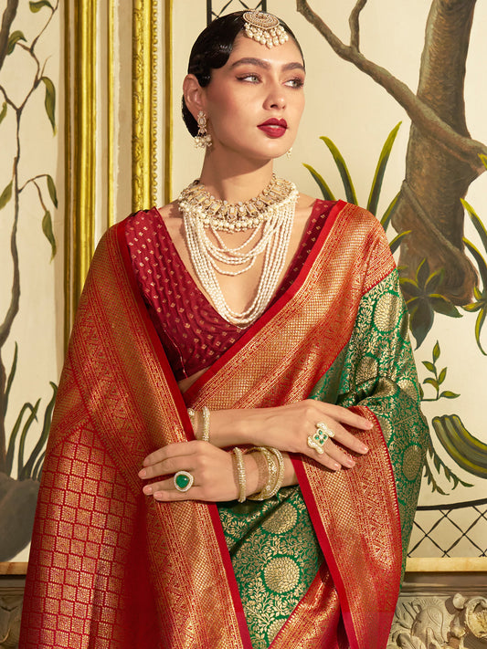 Heritage Green and Red Banarasi Silk Blend Saree