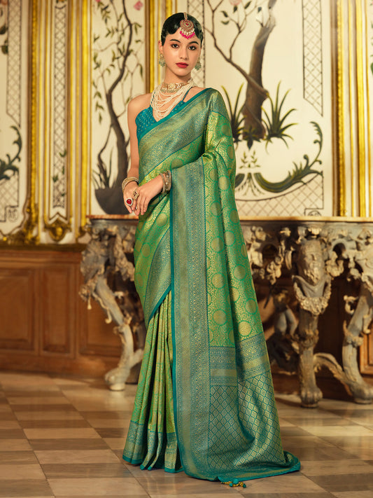 Green & Teal Silk Blend Heritage Banarasi Style Saree