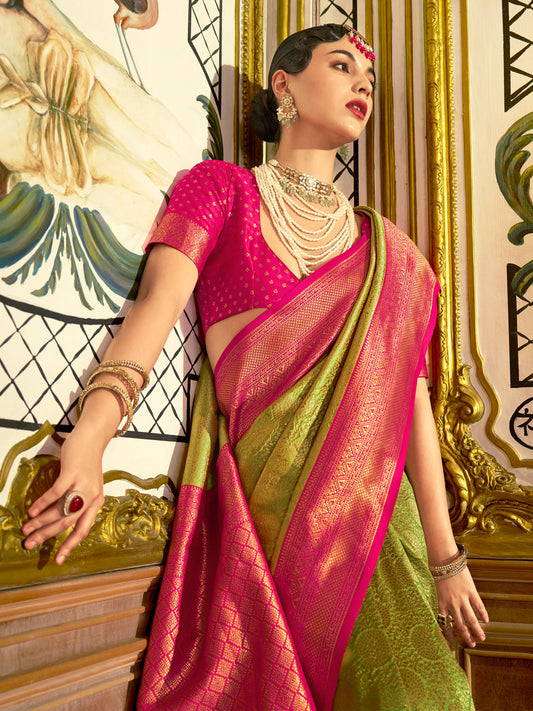 Heritage Olive Green and Pink Banarasi Saree