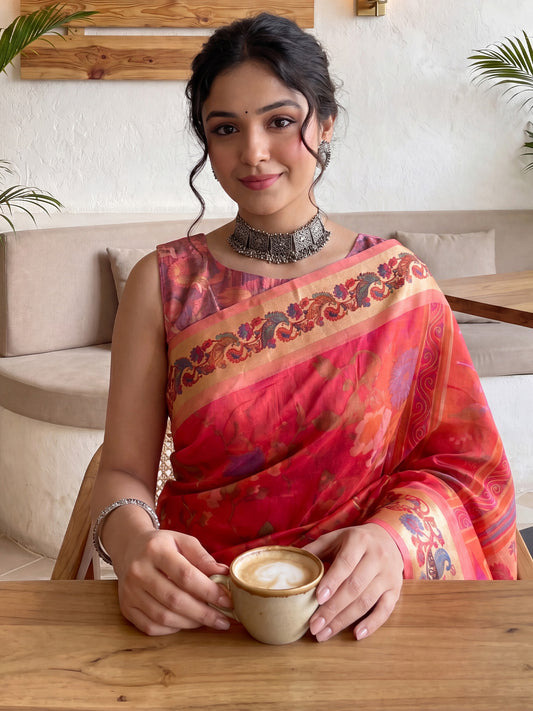 Pink Crepe Fabric Printed Casual Saree Digital Floral Print