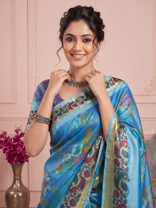 Sky Blue Printed Casual Saree Digital Print Crepe Floral Designer Pallu
