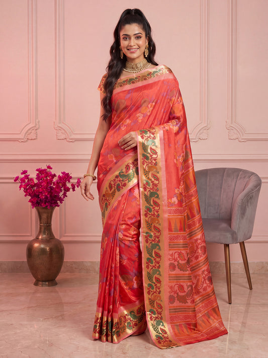 Coral Orange Printed Casual Saree Digital Print Crepe Floral Designer