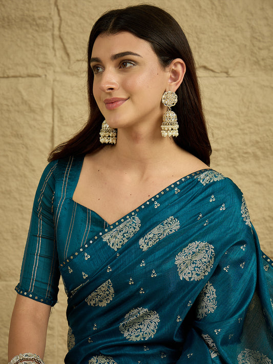 Teal Silk Blend Traditional Woven Saree