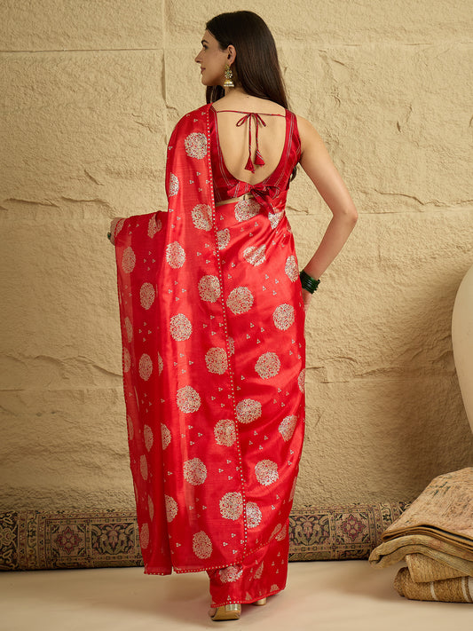 Red Silk Blend Traditional Woven Saree