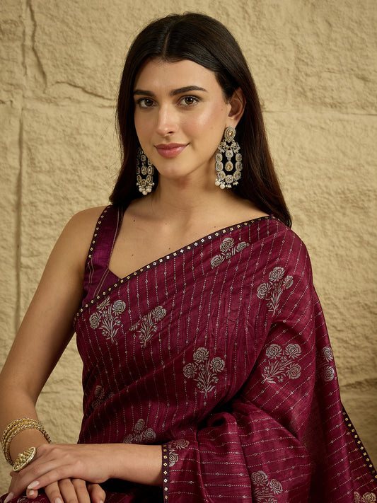 Wine Silk Blend Silver Foil Print Saree