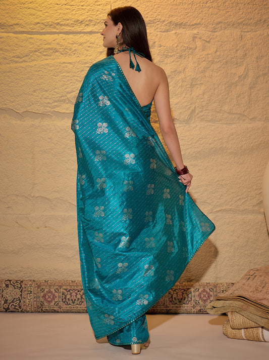 Teal Silk Blend Silver Foil Print Saree