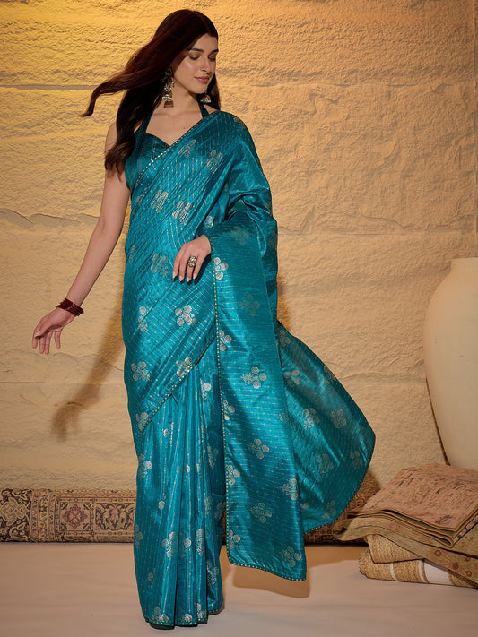 Teal Silk Blend Silver Foil Print Saree