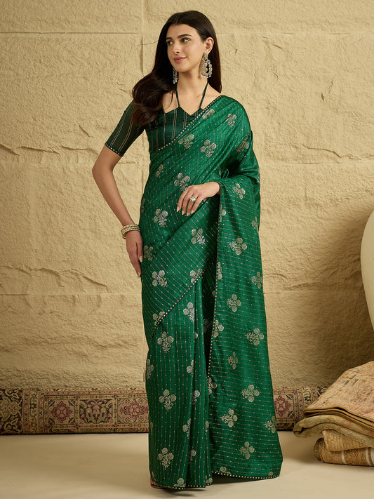 Green Silk Blend Silver Foil Print Saree