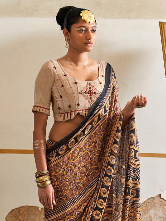 Brown & Black Silk Blend Printed Casual Saree Ajrakh Inspired