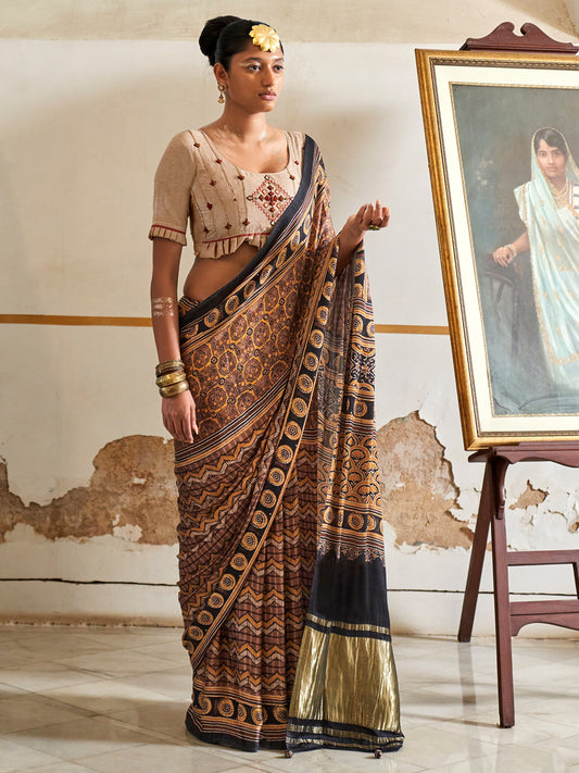 Brown & Black Silk Blend Printed Casual Saree Ajrakh Inspired