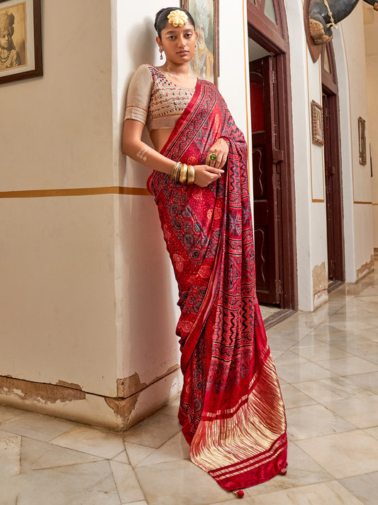 Maroon Silk Blend Ajrakh Saree