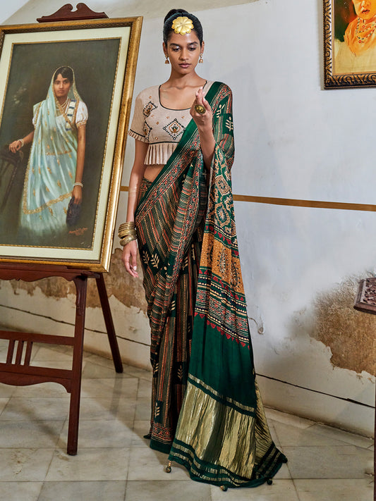 Dark Green Satin Silk Zari Pallu Saree