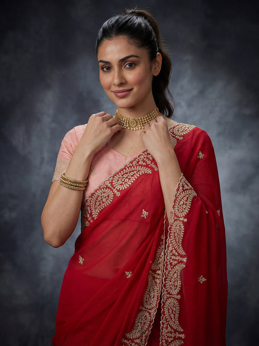Red Georgette Embroidered Scalloped Border Saree