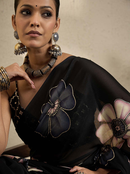 Black Georgette print saree