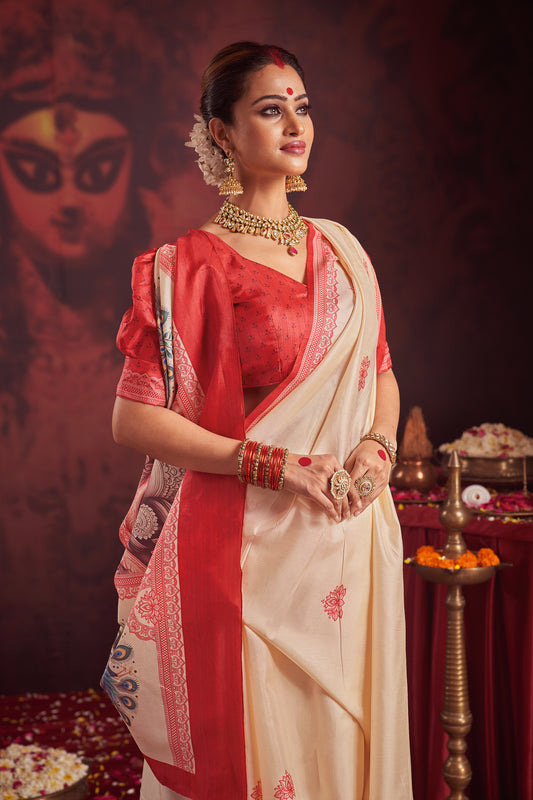 Divine Maa Durga & Peacock Motif Hand-Painted Saree