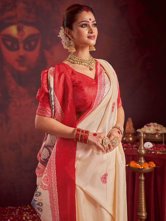 Ivory Murshidabad Silk Saree with Red Lotus Butis, Lal Paar Lace Border, Kalighat Peacock Digital Pallu & Red Brocade Blouse