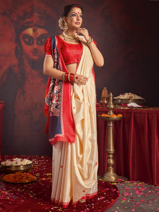 Ivory Murshidabad Silk Saree with Red Lotus Butis, Lal Paar Border, Navy Kalamkari Durga Parivar Ombre Pallu & Red Puff Blouse