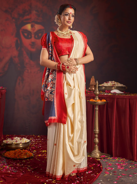 Ivory Murshidabad Silk Saree with Red Lotus Butis, Lal Paar Border, Navy Kalamkari Durga Parivar Ombre Pallu & Red Puff Blouse