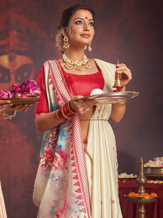 Ivory Murshidabad Silk Saree with Red Geometric Butis, Ikat Spike Lal Paar Border, Watercolour Durga Parivar Pallu & Red Blouse