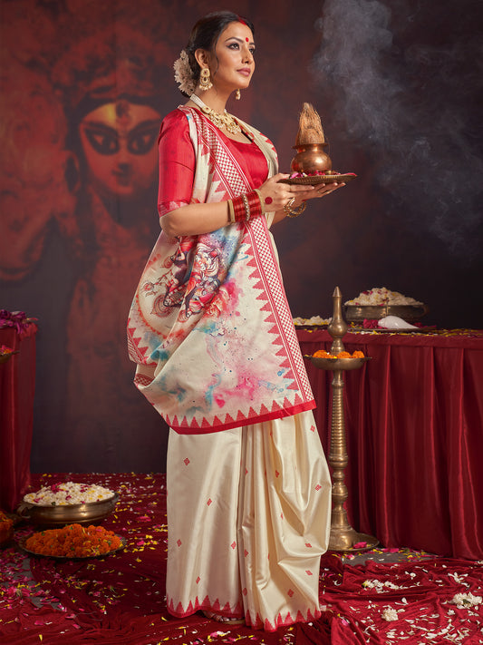 Ivory Murshidabad Silk Saree with Red Geometric Butis, Ikat Spike Lal Paar Border, Watercolour Durga Parivar Pallu & Red Blouse