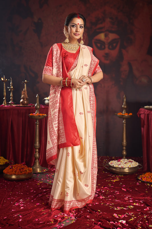 Regal White & Red Intricate Jaal Work Festive Saree