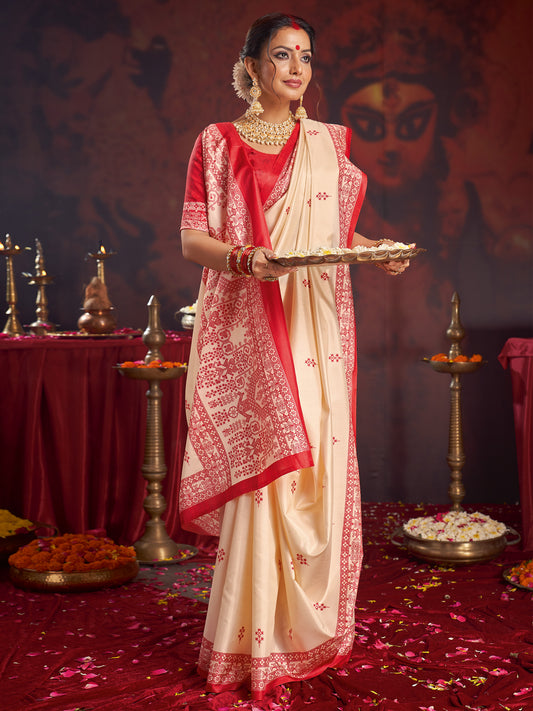 Ivory Murshidabad Silk Saree with Red Floral Sprig Butis, Assamese Peacock & Deer Woven Lal Paar Border & Pallu & Red Blouse
