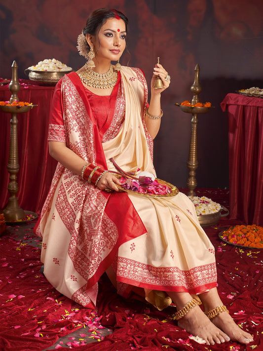 Ivory Murshidabad Silk Saree with Red Floral Sprig Butis, Assamese Peacock & Deer Woven Lal Paar Border & Pallu & Red Blouse
