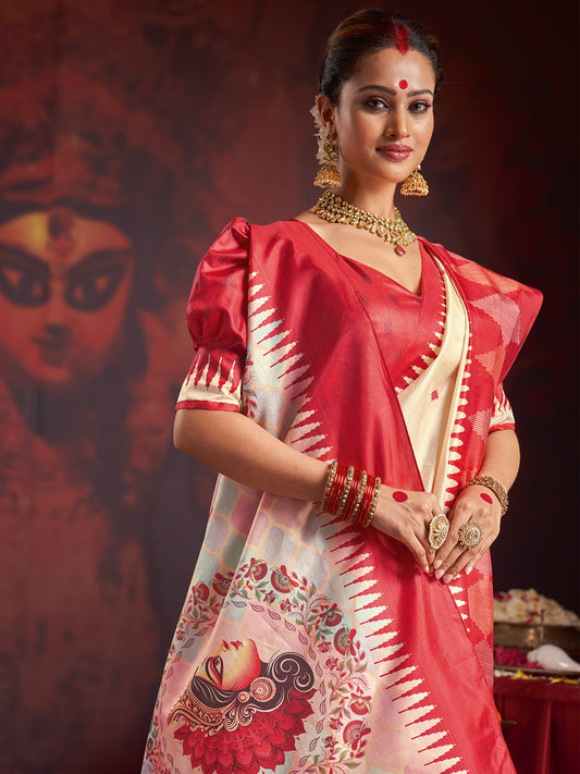 Ivory Murshidabad Silk Saree with Ombre Pastel Ground, Ikat Spike Lal Paar Border, Kalighat Durga Face Floral Wreath Pallu & Red Puff Blouse